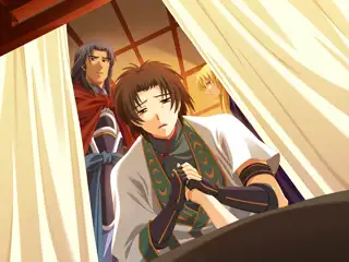 A worried young man kneels in prayer or deep thought inside a curtained space, while two older men—one in armor and the other in royal attire—stand behind him with serious expressions.