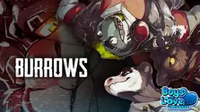 Promotional image for Burrows, a furry horror visual novel, featuring stylized characters including a possum, cat, and other anthropomorphic figures in a dark, glitchy setting with the game’s title “Burrows” in bold white letters and the Boys Love Universe logo in the corner.