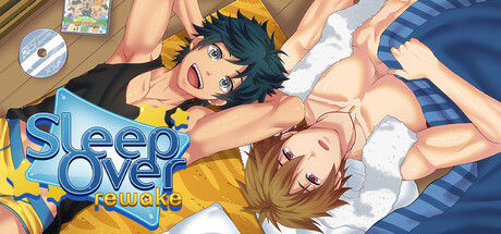 Two animated characters lie on a bed, one smiling and the other relaxed. A DVD and game-like cover are nearby. Text: "Sleep Over re:wake."