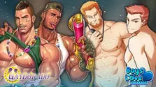 Bara-style illustration from Gaydorado showing four muscular men with defined chests and confident poses, highlighting male x male attraction and adult gay romance, with the Gaydorado logo and Boys Love Universe branding.