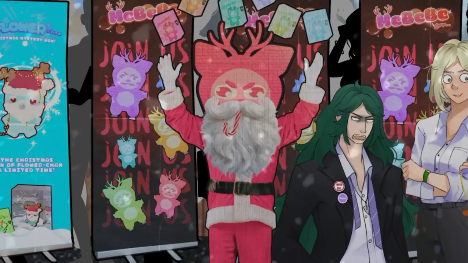 A chaotic animated street scene with a Santa-like figure raising both hands in front of colorful “MeBeBe” posters, while two characters beside him react with frustration and surprise as snow falls around them. Characters depicted are Santa, Wagner and Scarlett.