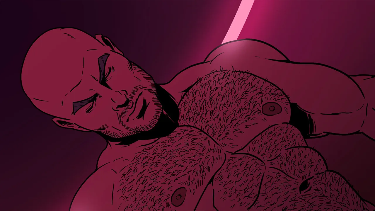 Screenshot from Let’s Meat Adam 2 featuring a shirtless, muscular man with a shaved head lying under pink lighting, appearing tense or exhausted.