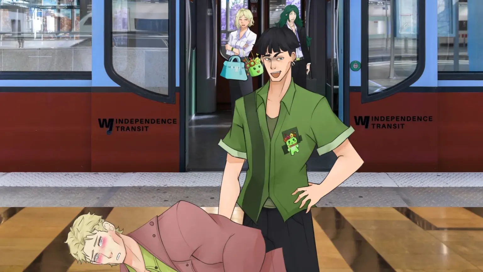 Illustration on a subway platform where a confident black-haired man in a green shirt stands smiling with one hand on his hip, while a blushing blond man in a pink suit is bent over in front of him, flustered. Behind them, a train with open doors shows two onlookers inside—one blonde woman holding bags and a green-haired person watching quietly. The scene has a playful, awkward tone. Characters depicted are Damien, Alliard, Scarlett and Wagner.