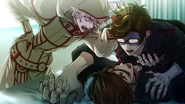 This action-packed image from Omega Vampire portrays a chaotic and intense moment. Three characters are caught in a dramatic scene filled with tension and urgency. One character, lying on a bed, is being restrained by another with a distressed yet determined expression. The third figure, clad in an intricate outfit, appears to be shouting, adding to the sense of conflict and drama. The bright, clinical lighting contrasts with the emotional chaos, emphasizing the high-stakes nature of the interaction and the layered relationships central to the game’s narrative.