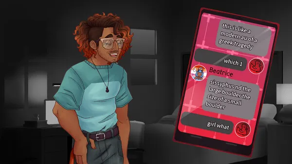 Screenshot from Blood & Play featuring Santiago in a casual teal shirt looking at his phone, which displays text messages from a contact named Beatrice.