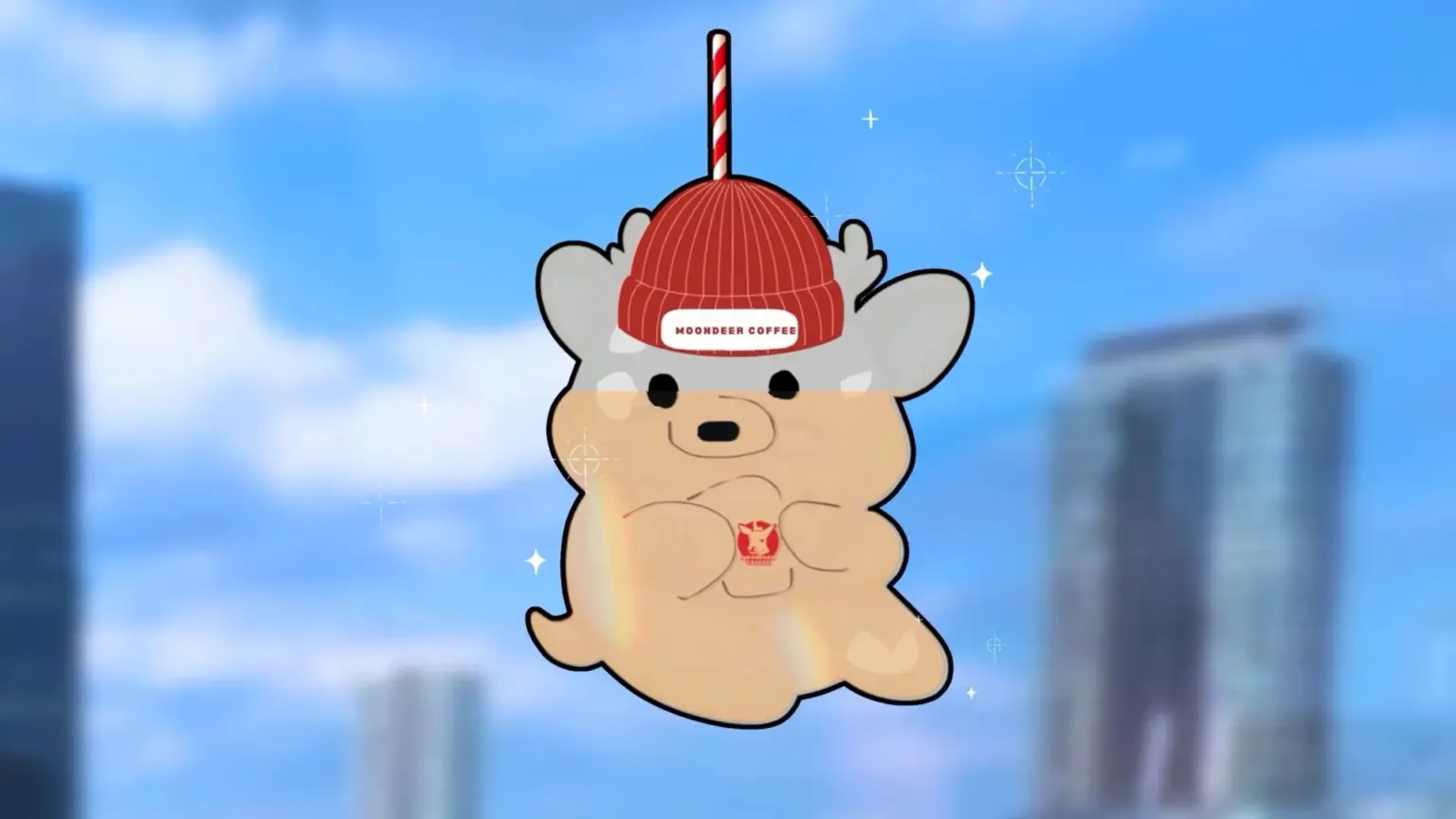 Cute cartoon deer floating against a blue city skyline, wearing a red beanie labeled “Moondeer Coffee” with a striped straw on top and holding a small red cup, surrounded by sparkles.