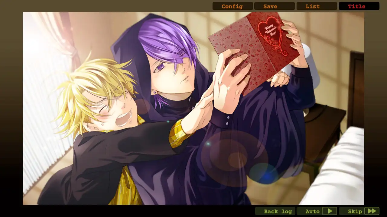 Scene from MR.GIANCARLO “THE BOSS” showing two male characters playfully wrestling over a red book, with warm lighting and cozy atmosphere in a bedroom setting.