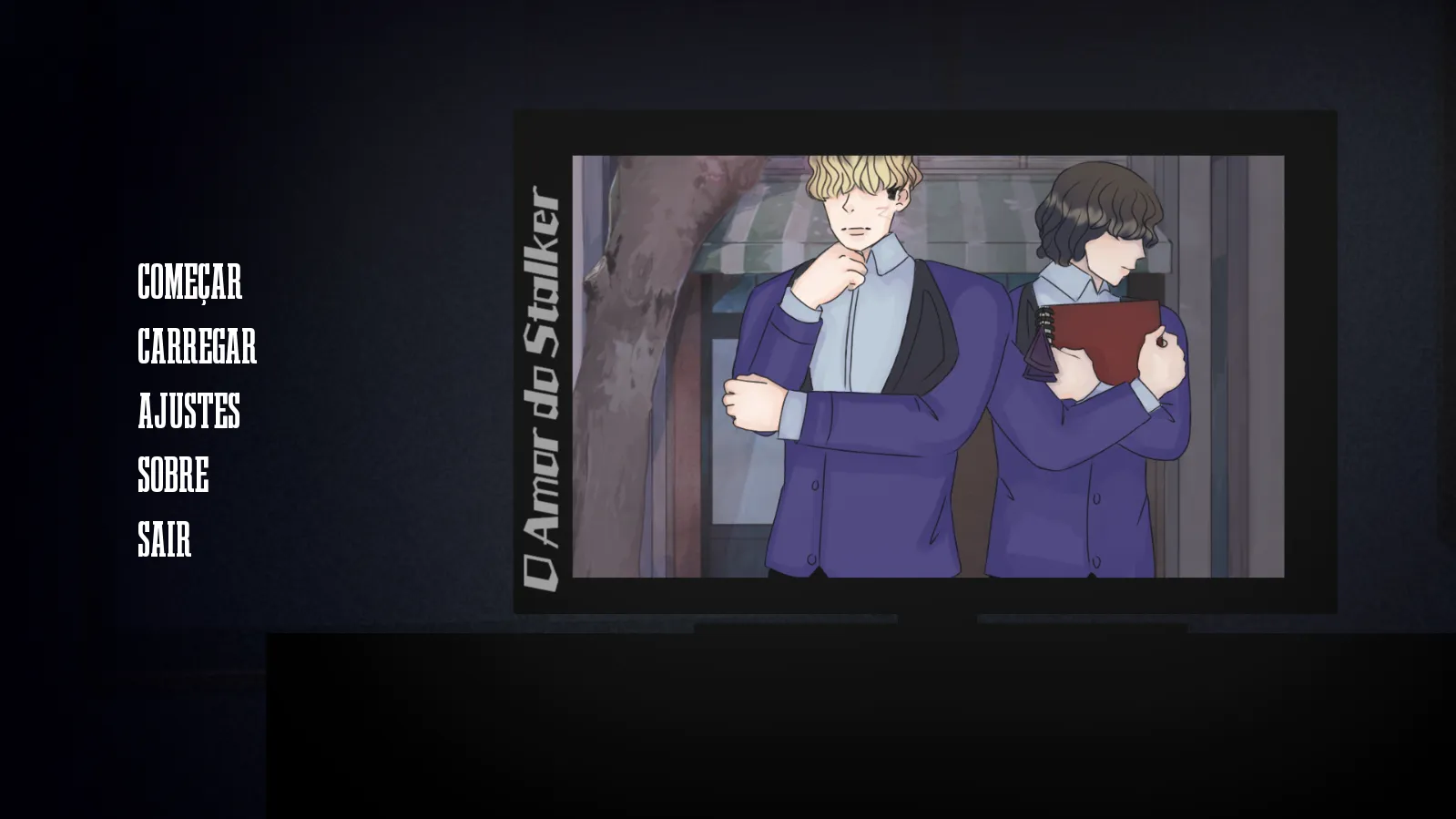 Title screen of O Amor do Stalker visual novel showing two male characters in school uniforms with serious expressions, framed on a dark background with menu options on the side.