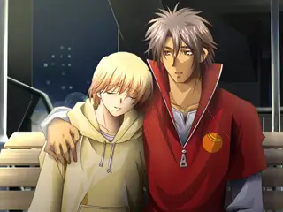 A soft nighttime moment where a blonde character in a hoodie rests their head on a taller, tan man in a red jacket, who wraps an arm around them on a bench.