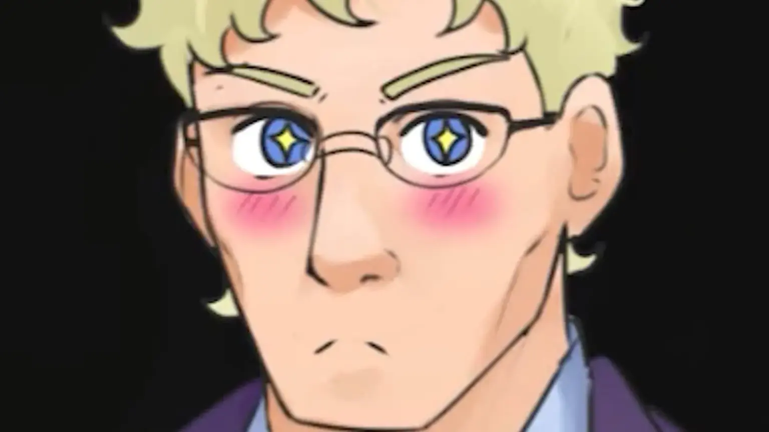 A close-up illustration of a blond character with short, wavy hair and glasses, shown against a dark background. Their cheeks are flushed pink, and their blue eyes sparkle with star-shaped highlights, giving them a shy, flustered expression as they stare forward quietly. Character depicted is Conrad.