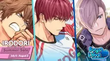 Thumbnail promoting the Irodori Comics Summer Sale. Three male manga characters are shown in separate panels: one shouting with determination, one wearing a sports jersey with a serious expression, and one with light purple hair holding a camera. The left side features the Irodori Comics Summer Sale logo with the dates "July 6 – August 2," while the Boys Love Universe logo appears in the bottom-right corner.