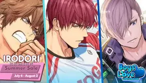 Thumbnail promoting the Irodori Comics Summer Sale. Three male manga characters are shown in separate panels: one shouting with determination, one wearing a sports jersey with a serious expression, and one with light purple hair holding a camera. The left side features the Irodori Comics Summer Sale logo with the dates "July 6 – August 2," while the Boys Love Universe logo appears in the bottom-right corner.
