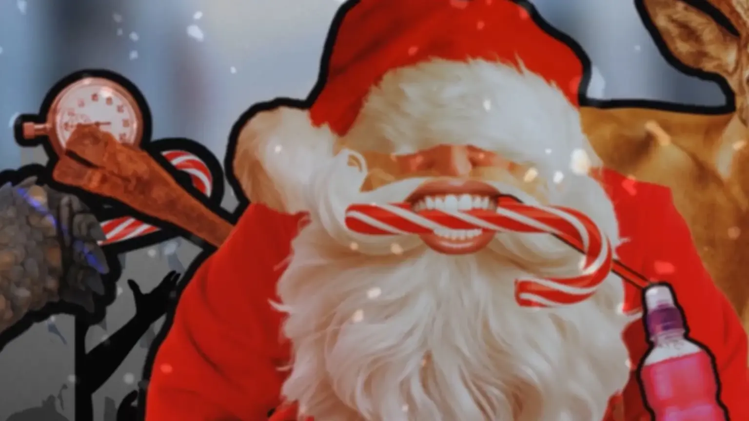 Close-up illustration of a Santa figure biting a candy cane, wearing a red suit and hat, with snow falling around him and chaotic holiday imagery in the background tied to Yuletide Brawl Royale. Character depicted is Santa.