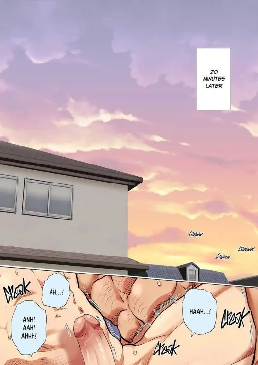 My Friend's Dad's A Hunk 17 colored manga page of sky and house with dicks being fondled.