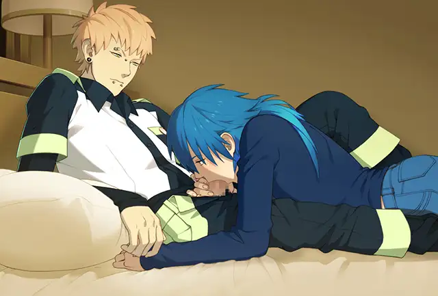 Tender moment from DRAMAtical Murder showing Aoba resting his head on Noiz’s lap while lying on a bed. Aoba appears emotionally vulnerable, his face buried in Noiz’s thigh, while Noiz sits upright, looking down at him with a slightly concerned but calm expression. The lighting is warm and soft, adding to the intimacy of the scene.