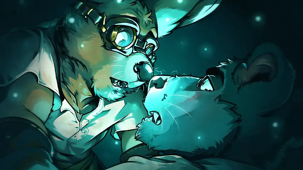 Two anthropomorphic animals, one with goggles, gaze at each other closely in a glowing, teal-lit setting, creating an intense mood.