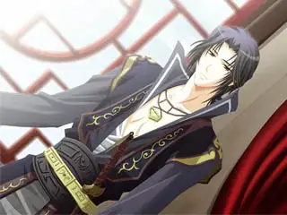A tall man with dark shoulder-length hair and traditional fantasy robes stands indoors, lit softly by sunlight from a large decorative window behind him.