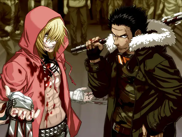 Scene from Togainu no Chi featuring Gunji and Kiriwar, two enforcers of the deadly Igura game. Gunji stands on the left, shirtless under a bloodstained red hoodie, grinning menacingly with claws extended. Kiriwar stands on the right, gripping a metal pipe over his shoulder, smirking confidently. Behind them, a crowd watches, highlighting the lawless, violent world they dominate.