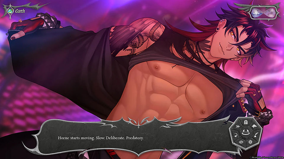 In-game screenshot from Seven Nexus showing Horne, a smirking red-eyed devil character with spiky black-and-red hair and a toned, muscular chest. He lifts his black tank top to reveal his abs, striking a confident, teasing pose. The background glows with intense purple and magenta lighting, adding to the seductive and edgy atmosphere. A text box at the bottom reads: “Horne starts turning. Slow. Deliberate. Predatory.”
