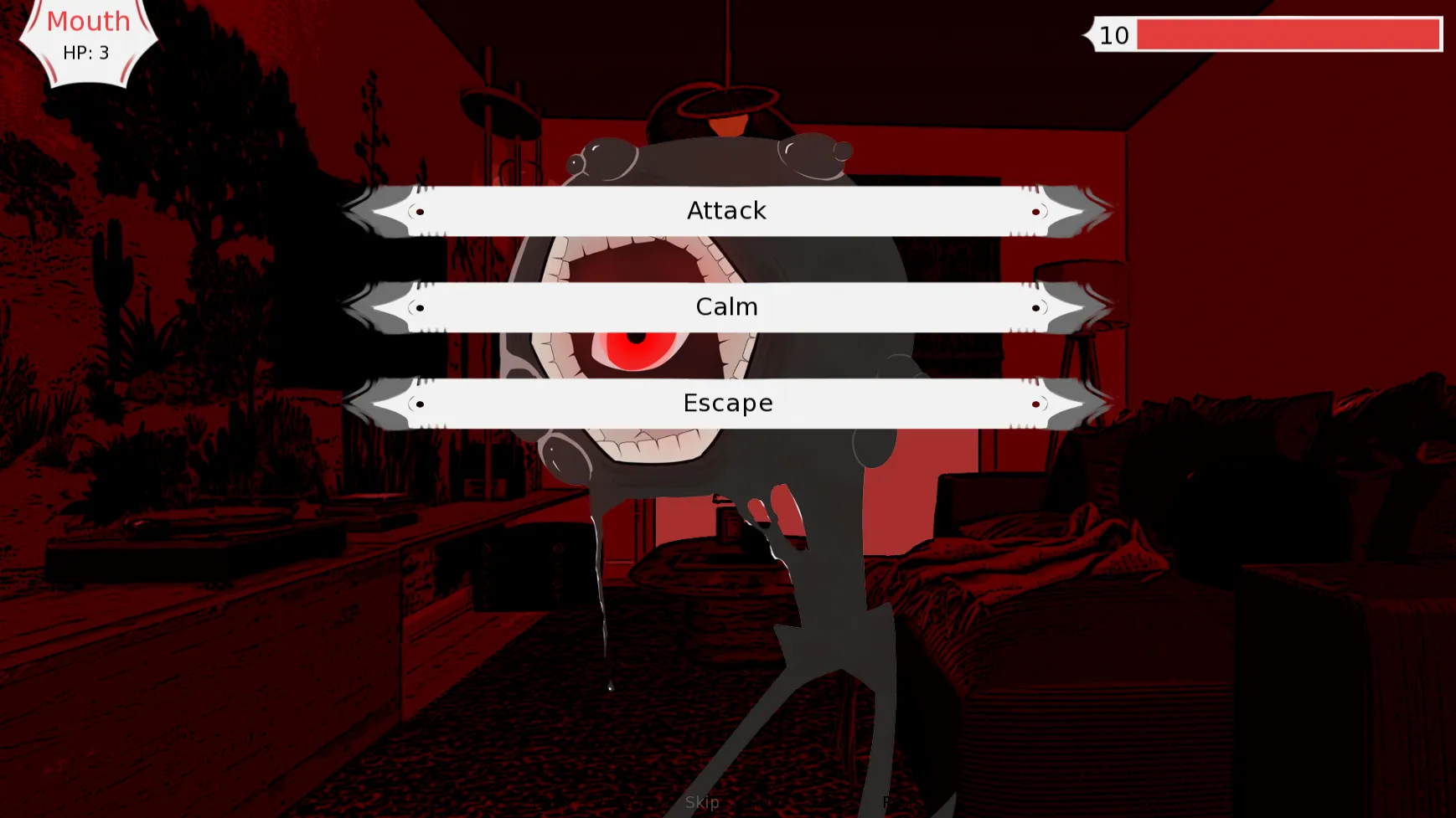 Gameplay screen from Summoning Ritual showing a red-tinted room with a monstrous shadowy figure and a choice menu offering options to attack, calm, or escape.