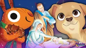 Illustration collage featuring a cartoon squirrel holding nuts, the Nativity scene with Mary, Joseph, and baby Jesus, and a cute animated dog, highlighting a mix of Christmas children’s books.