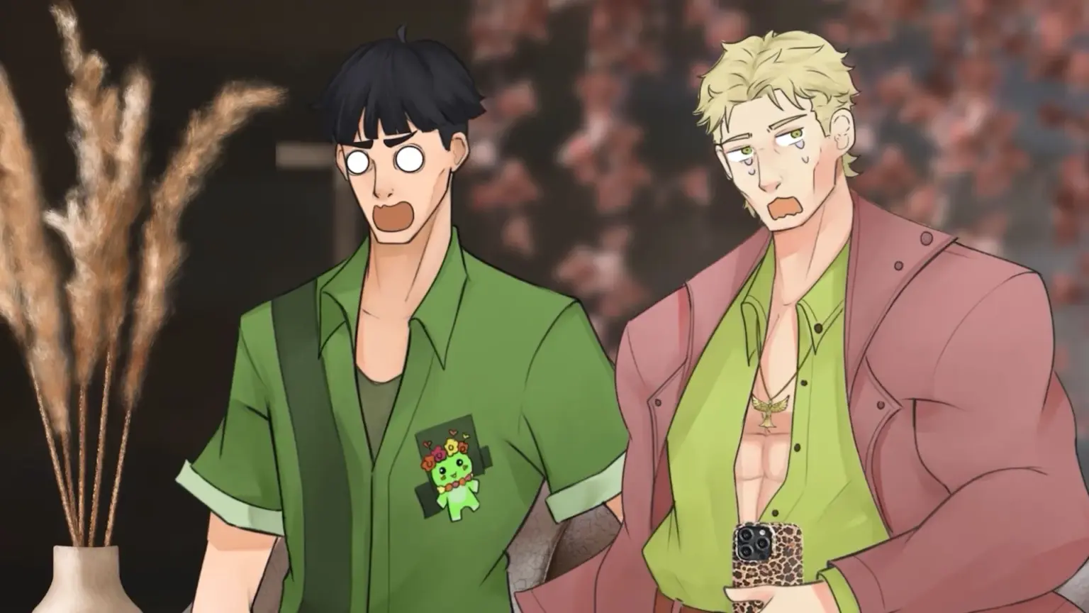 Two animated men stand side by side indoors with shocked expressions, mouths open and eyes wide. One wears a green shirt with a small character patch, while the other wears a pink jacket over an open green shirt and holds a phone, both reacting in surprise as decorative plants sit nearby. Characters depicted are Alliard and Damien.