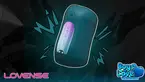 Illustrated promotional image of the Lovense Gush 2 penis massager shown against a dark teal background with stylized vibration effects surrounding the device. The Lovense logo appears in the bottom left, while the Boys Love Universe logo is displayed in the bottom right. The image emphasizes the product's compact design and vibration features.