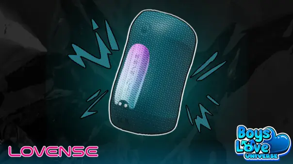 Illustrated promotional image of the Lovense Gush 2 penis massager shown against a dark teal background with stylized vibration effects surrounding the device. The Lovense logo appears in the bottom left, while the Boys Love Universe logo is displayed in the bottom right. The image emphasizes the product's compact design and vibration features.