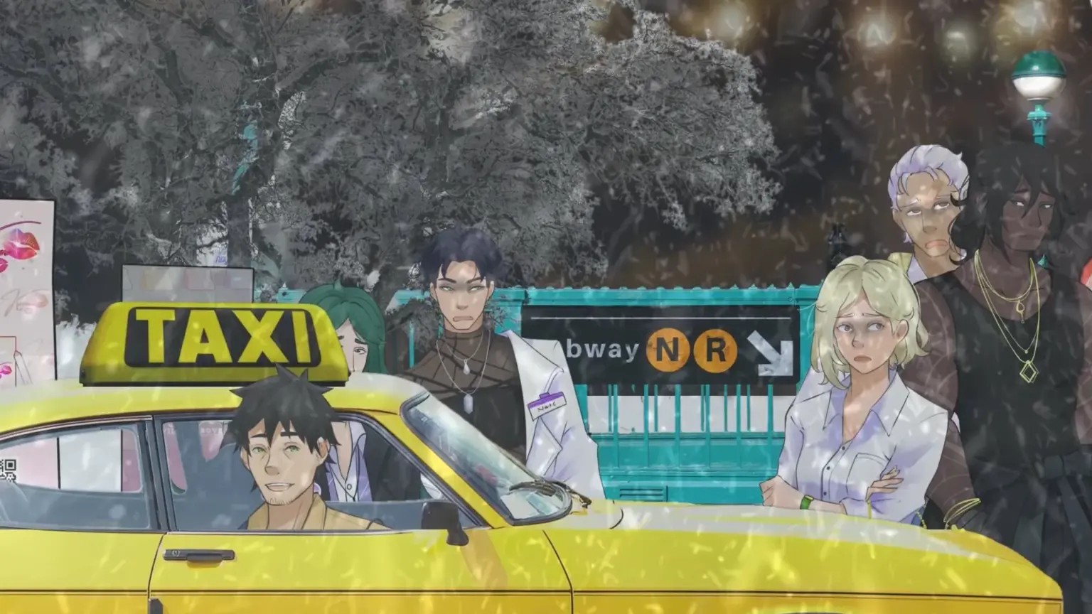 An illustrated nighttime winter scene shows a yellow taxi stopped in falling snow. Several characters stand beside the cab near a subway entrance marked “Subway N R,” with snow-covered trees and glowing streetlights behind them. The group looks tired and uneasy, bundled in coats, as the taxi driver glances forward, suggesting a cold, tense moment while waiting to leave the city. Characters depicted are Drake, Nate, Scarlett, Reginald and Clyde.