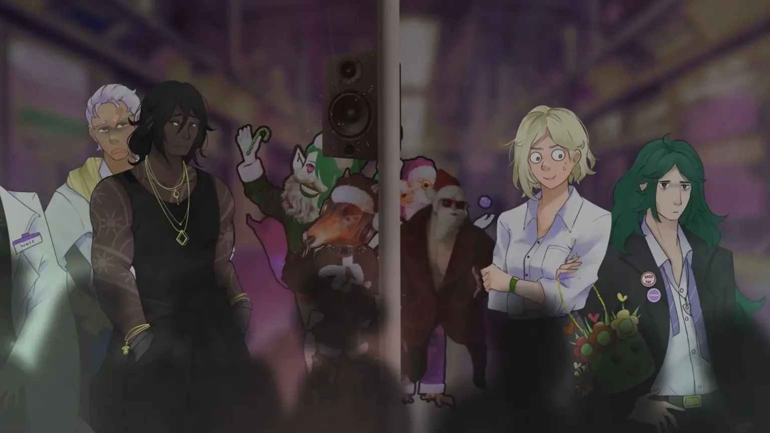 Two groups of illustrated characters stand on opposite sides of a vertical divider. On the left, serious-looking figures watch chaotic holiday mascots and costumed characters behind them. On the right, two characters—one wide-eyed and nervous, the other tired and unimpressed—stand apart from the festive mess, highlighting a split between calm reactions and Christmas chaos. Characters depicted are Reginald, Clyde, Scarlett and Wagner.