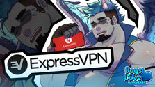 Promotional image featuring a muscular, anthropomorphic male character with blue hair, wolf ears, and wings holding a red phone with the ExpressVPN logo. The character is flushed, sweating, and partially undressed, suggesting a steamy or intense moment. The ExpressVPN logo is centered in bold black and white. In the corner, the Boys Love Universe logo is displayed, tying the image into the BL/bara manga theme. The background includes a close-up of the same character with a blushing, dazed expression.
