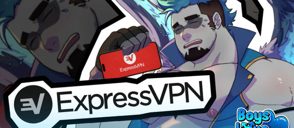 Promotional image featuring a muscular, anthropomorphic male character with blue hair, wolf ears, and wings holding a red phone with the ExpressVPN logo. The character is flushed, sweating, and partially undressed, suggesting a steamy or intense moment. The ExpressVPN logo is centered in bold black and white. In the corner, the Boys Love Universe logo is displayed, tying the image into the BL/bara manga theme. The background includes a close-up of the same character with a blushing, dazed expression.