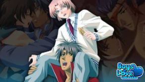 Two male characters from SandalDash’s BL games are featured — one sitting on the other’s shoulders playfully. In the background, romantic and dramatic scenes are faintly visible. Boys Love Universe logo is in the corner.
