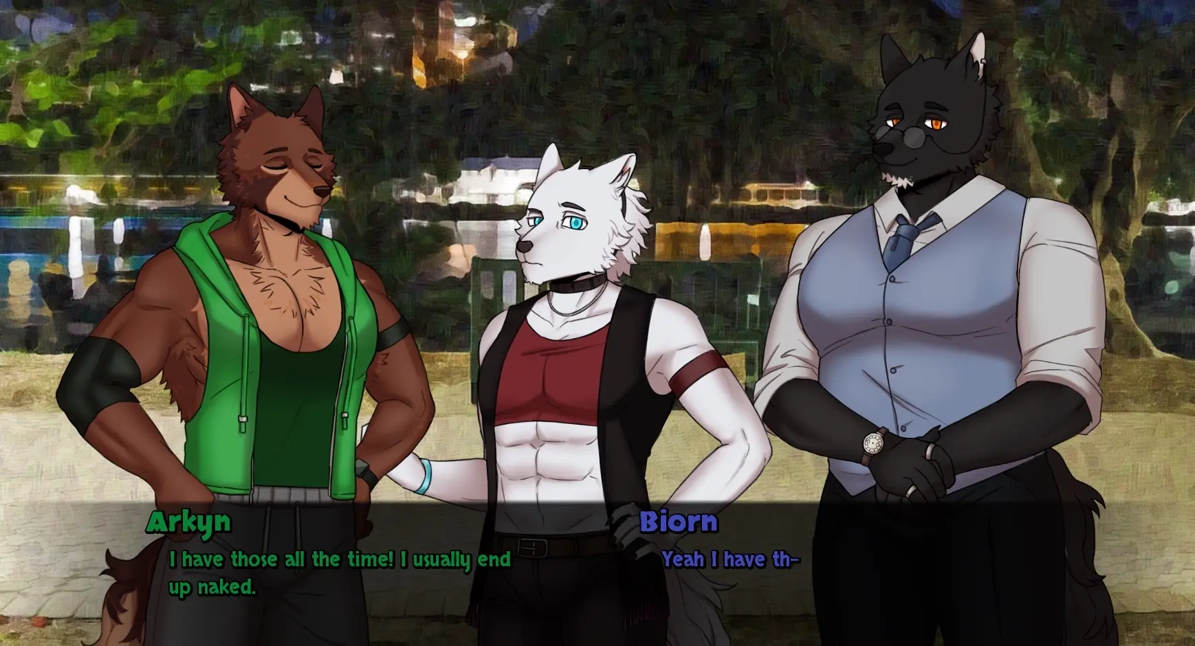 The same three wolf characters appear outdoors at night. The brown wolf, Arkyn, smiles confidently while talking about having nonsense dreams and ending up naked. The white wolf, Biorn, starts to reply. The black wolf, in formal clothes, listens quietly. Dialogue text displays Arkyn and Biorn’s names in green and blue.