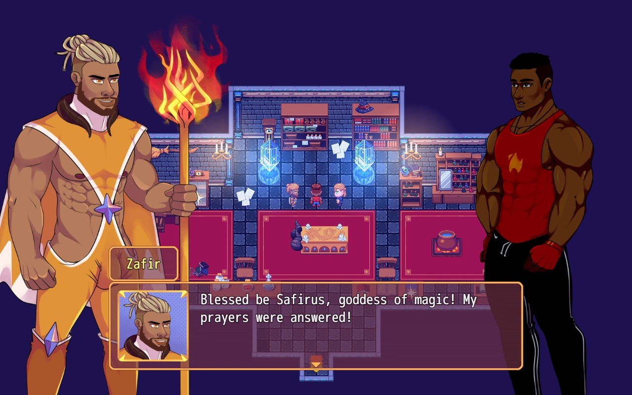 A dialogue scene from the fantasy JRPG Burning Horns featuring two muscular male characters. On the left, Zafir, wearing an orange robe and holding a flaming staff, expresses joy as he speaks about the goddess of magic. On the right, a dark-skinned warrior in a red tank top listens. The background shows a detailed magic workshop with glowing crystals and bookshelves.
