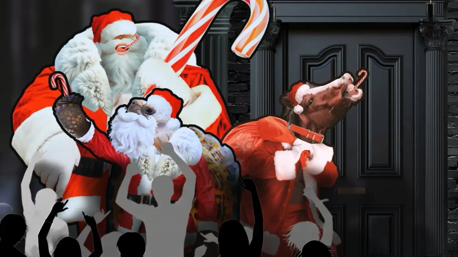 A surreal holiday scene showing multiple Santa figures and a reindeer dressed in red coats, all holding or biting candy canes. One oversized Santa looms behind the others, while the reindeer tilts its head back dramatically with a candy cane in its mouth. Silhouettes of cheering people fill the foreground, creating a chaotic, stage-like atmosphere in front of a dark, ornate doorway.