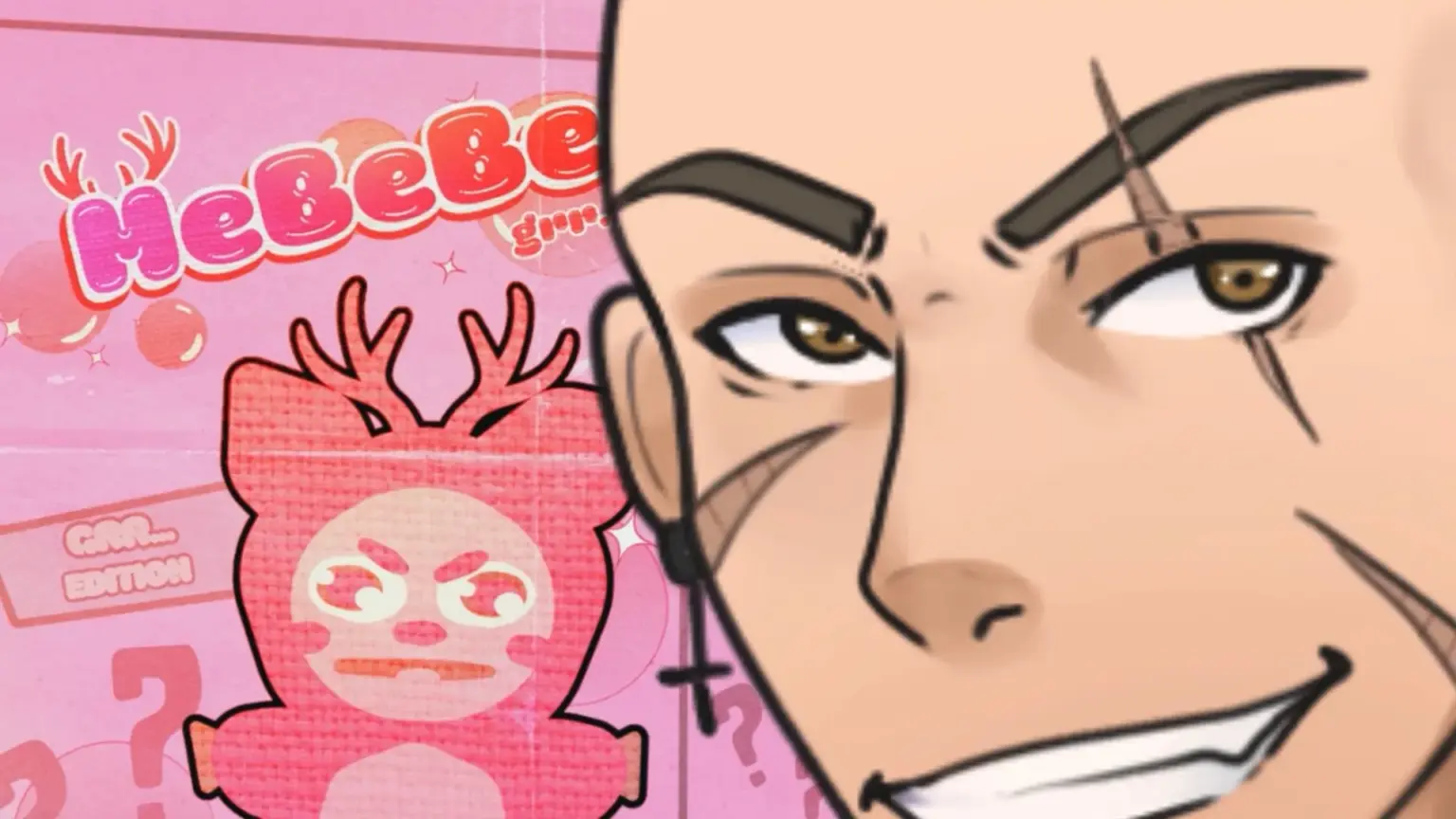 Close-up illustration of a bald man with sharp brows, a confident grin, and a thin scar over his eyebrow, facing forward. Behind him is a pink “MeBeBe” mystery box featuring a cute red antlered character with an angry expression, question marks, and candy-themed graphics, giving the scene a playful yet slightly mischievous vibe. Character depicted is Greg.