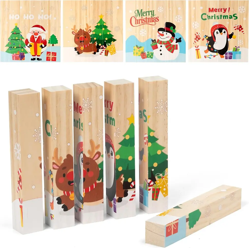 Wooden blocks with festive Christmas designs: Santa, reindeer, snowman, penguin, presents, and trees. Texts: "Ho Ho Ho!" and "Merry Christmas".