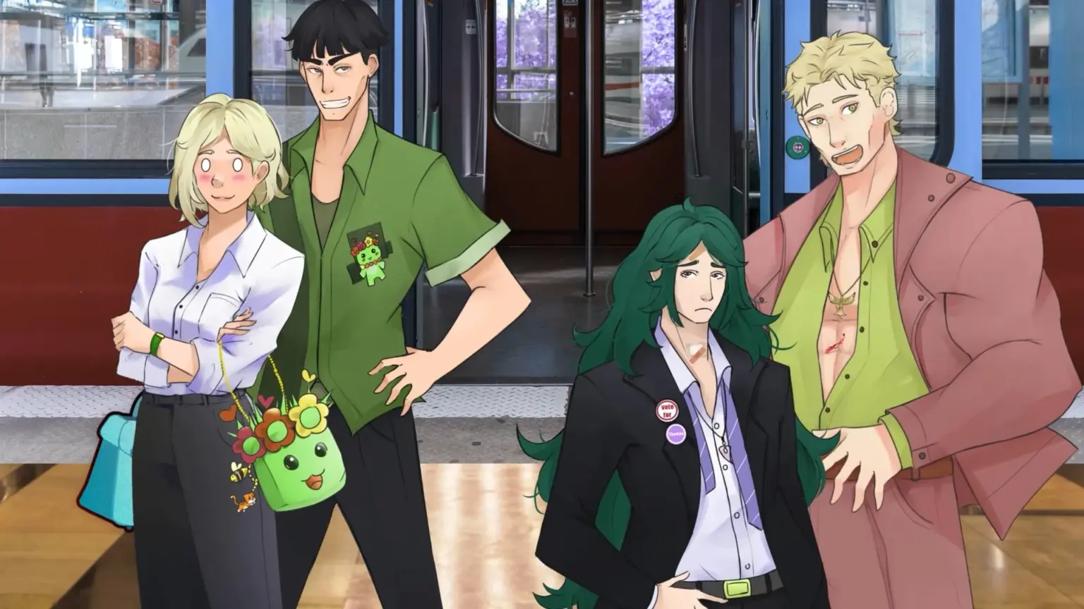 Illustration of four characters standing on a subway platform. A shy blonde woman in a white blouse stands beside a tall man in a green shirt with a playful grin and a cute green character bag. Next to them, a tired-looking green-haired person in a black jacket stands slouched, while a tall blond man in a pink suit and open green shirt gestures animatedly. An open train with blue doors is behind them, setting a casual transit scene. Characters depicted are Scarlett, Alliard, Wagner and Damien.