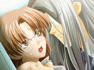 A nervous boy with brown hair and glasses is pinned against a wall by a taller, silver-haired man with an intense expression.