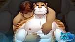Artwork of a muscular anthropomorphic tiger lying on his back with eyes closed, smiling softly, while a young man in a woven headpiece rests on top of him, wrapping his arm around the tiger’s chest. The Boys Love Universe logo is placed in the bottom right corner.