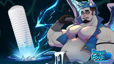 Promotional artwork featuring the Lovense Max 2 male masturbator alongside a muscular, anthropomorphic winged raccoon-man bara character. The Max 2 toy is shown on the left, glowing with blue energy and surrounded by lightning effects. On the right, the shirtless raccoon-man flexes with a blush, wearing an open blue vest and fingerless gloves. His wings, tail, and ears are perked, and a small heart hovers above him. The Boys Love Universe logo is placed in the bottom right corner.