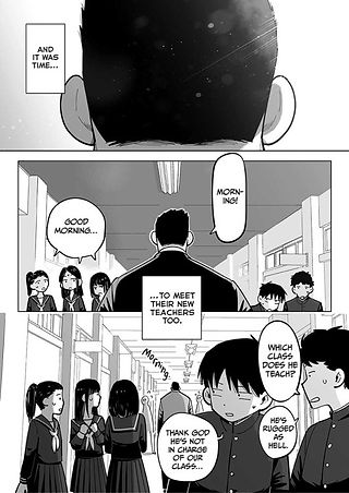 Black-and-white manga page showing Mr. Tsutamoto walking down a school hallway from behind. Students greet him with “Morning!” while others whisper nervously. One group of boys comments, “Which class does he teach?” and “He’s rugged as hell.” Another adds, “Thank God he’s not in charge of our class…” Narration reads: “And it was time… to meet their new teachers too.”