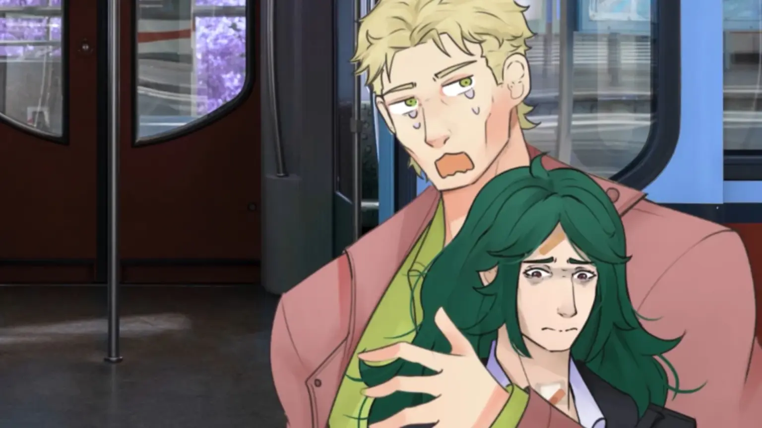 Close-up illustration inside a train car showing a blond man in a pink jacket and green shirt holding a green-haired person protectively against his chest. The blond man looks shocked and anxious, with sweat marks and wide eyes, while the green-haired person appears distressed and downcast. The open train doors and station platform are visible behind them, emphasizing a tense, emotional moment in transit. Characters depicted are Damien and Wagner.