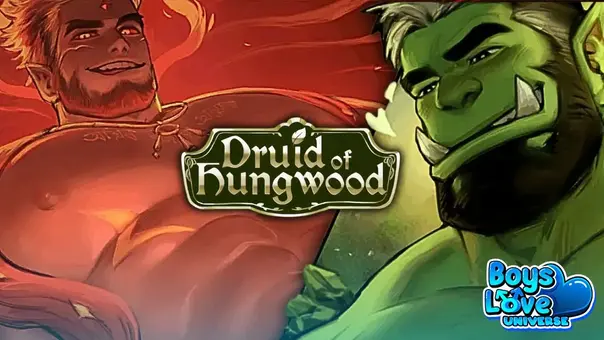Promotional banner for Druid of Hungwood showing a muscular human man and a green-skinned orc facing each other with the game logo centered between them and a Boys Love Universe watermark in the corner.