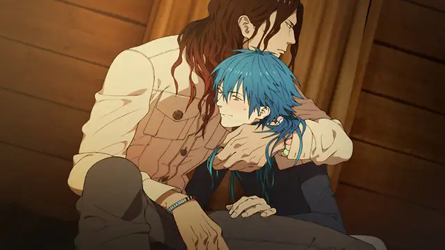 Quiet, intimate scene from DRAMAtical Murder re:connect showing Mink holding Aoba close in a wooden room. Aoba leans into Mink’s chest with a content expression, while Mink wraps a protective arm around him and rests his chin on Aoba’s head. The warm lighting and close body language emphasize comfort and emotional connection.