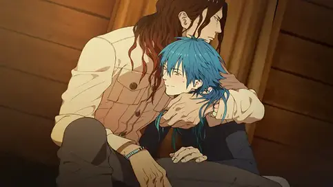 Quiet, intimate scene from DRAMAtical Murder re:connect showing Mink holding Aoba close in a wooden room. Aoba leans into Mink’s chest with a content expression, while Mink wraps a protective arm around him and rests his chin on Aoba’s head. The warm lighting and close body language emphasize comfort and emotional connection.