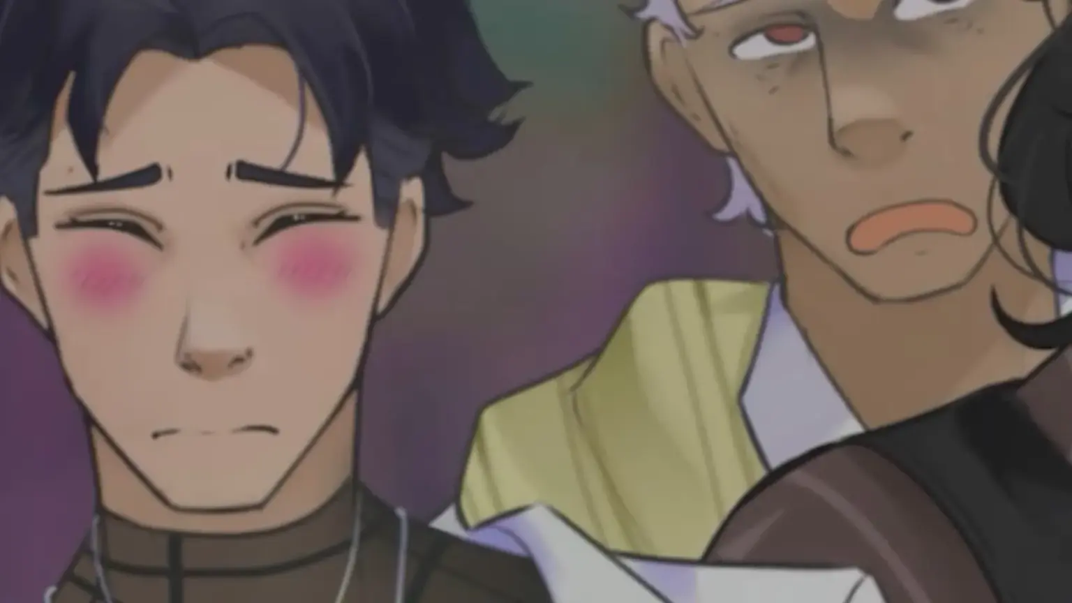 Close-up of two illustrated characters reacting to something off-screen. The character on the left looks flustered with eyes shut tight and flushed cheeks, while the character on the right appears tense and worried, mouth slightly open, suggesting awkward or stressful surprise. Characters depicted are nate and Reginald.