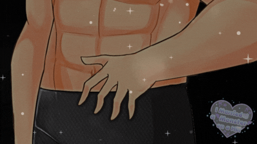 Damien from "I Married a Monster on a Hill" his abs shown in a gif covered with sparkles and the series logo on the right hand corner.