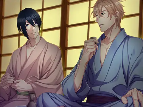 A scene from the visual novel Taishou Mebiusline Reprice Version featuring two male characters in traditional Japanese robes sitting in a serene room with shoji screens. One character with dark hair and a soft smile looks at the other, who has blond hair and is holding a small cup.